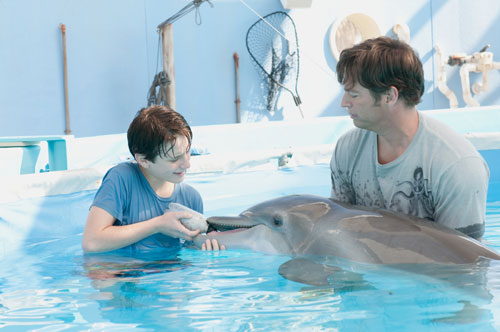 Dolphin in a water tank being fed by a boy, a man is holding the dolphin up