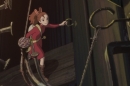 An animated small girl climbs up through the floorboards
