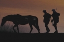 A silhouette of soldiers walking behind a horse.