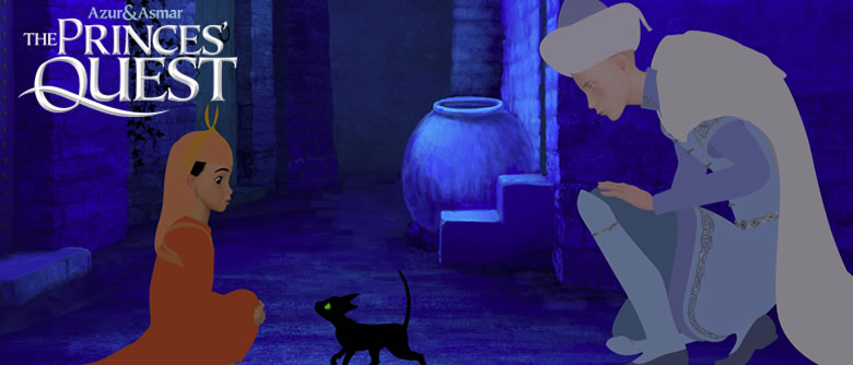 Still image from The Princes Quest, showing Prince Azur, a cat and boy in a moolit street.