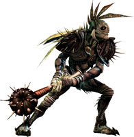 Image of Darkos, who holds big spiked ball on a stick, he wears spiked armour, and a mask with feather-like prongs coming out of the top.