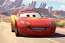 An animated car drives down a road