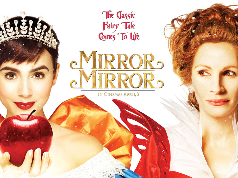 "A 'Mirror Mirror' film poster with a young woman holding an apple and an older woman wearing a red dress