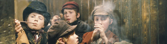 Fagin's Den - the gang smoke and drink as Oliver looks on