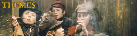 Themes title graphic - Fagin's gang smoking pipes, with Oliver looking on