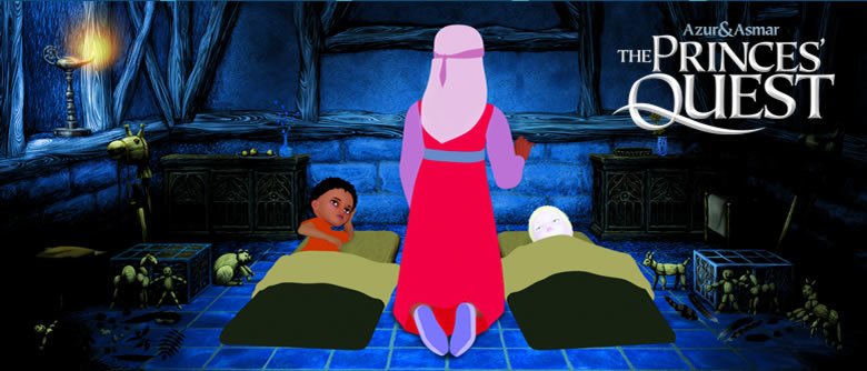 Still image from The Princes Quest, showing the 2 Princes going to bed, with their nurse kneeling next to them.