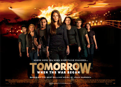Film poster for Tomorrow When the War Began - 7 young people walking in a line, with a background of explosions