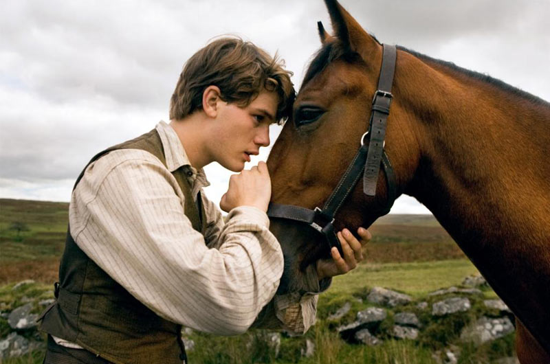 Medium close up of young man in open countryside wearing shirt and waistcoat standing opposite a horse and gently holding his hands around the horse’s mouth.